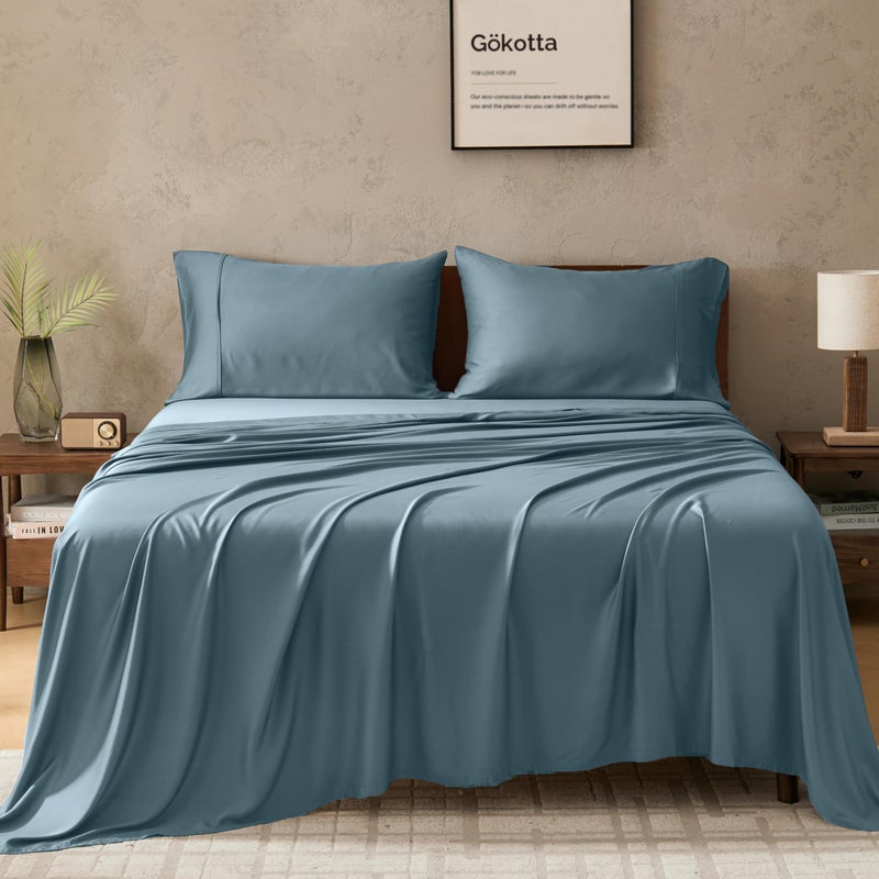 GOKOTTA 4-Pcs Full Sheet Set, 100% Rayon Derived from Bamboo, 15" Deep Pocket Full Size Bed Sheets with Elastic Corner Straps, Cooling Sheets for Hot Sleepers - Silky Soft & Breathable - Blue - Image 1